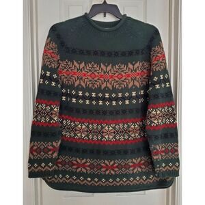 Vintage‎ Eddie Bauer Womens XXL Fair Isle Sweater Green Brown Red Cotton Blend